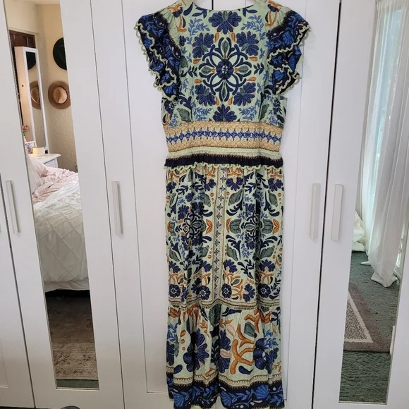 Anthropologie Farm Rio Ocean Tapestry Maxi Smocked Green Blue Lace Midi Dress - Picture 11 of 11